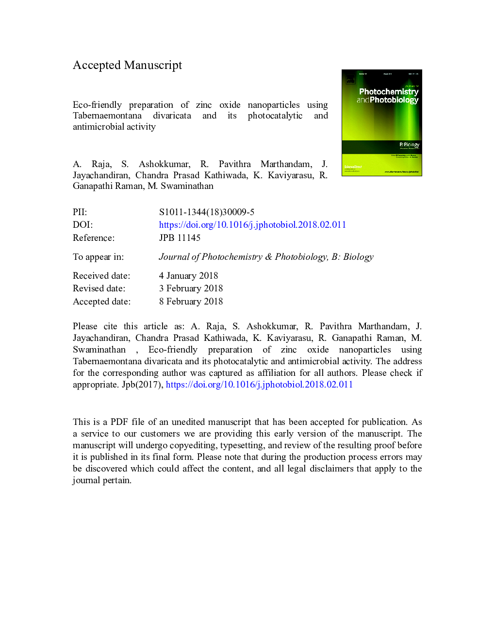 Eco-friendly preparation of zinc oxide nanoparticles using Tabernaemontana divaricata and its photocatalytic and antimicrobial activity