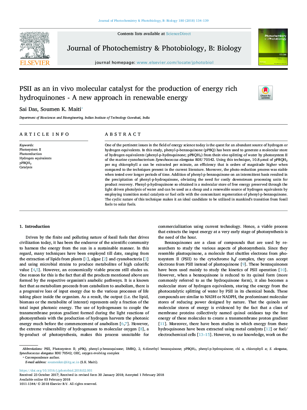 PSII as an in vivo molecular catalyst for the production of energy rich hydroquinones - A new approach in renewable energy