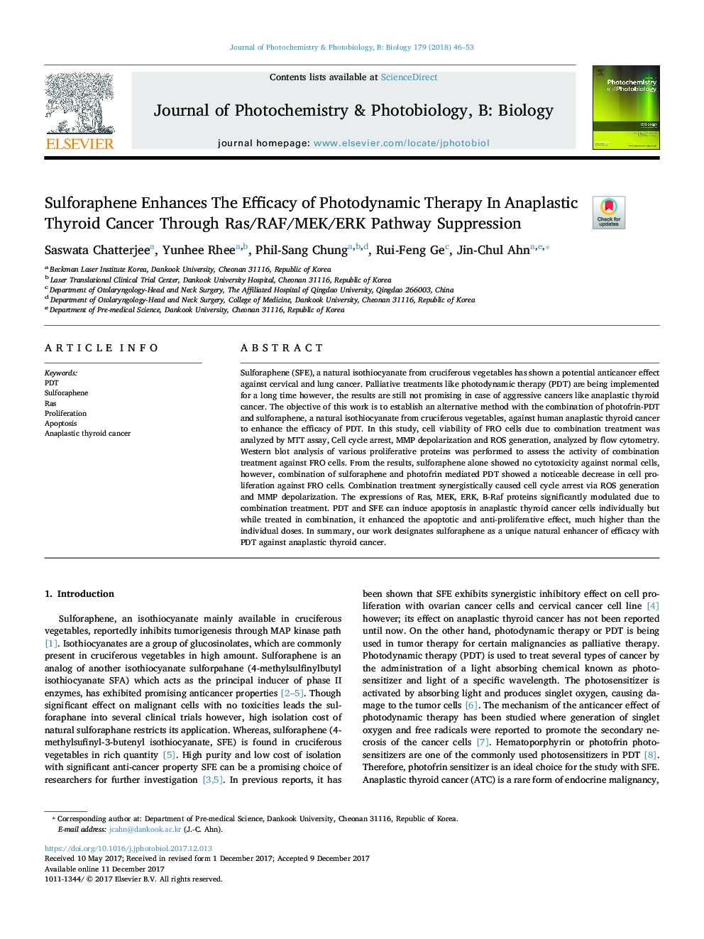 Sulforaphene Enhances The Efficacy of Photodynamic Therapy In Anaplastic Thyroid Cancer Through Ras/RAF/MEK/ERK Pathway Suppression