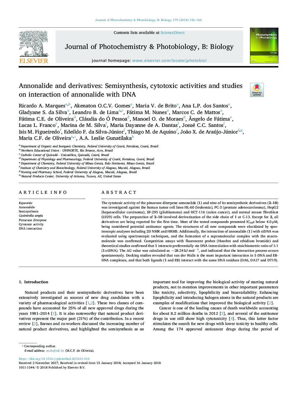 Annonalide and derivatives: Semisynthesis, cytotoxic activities and studies on interaction of annonalide with DNA