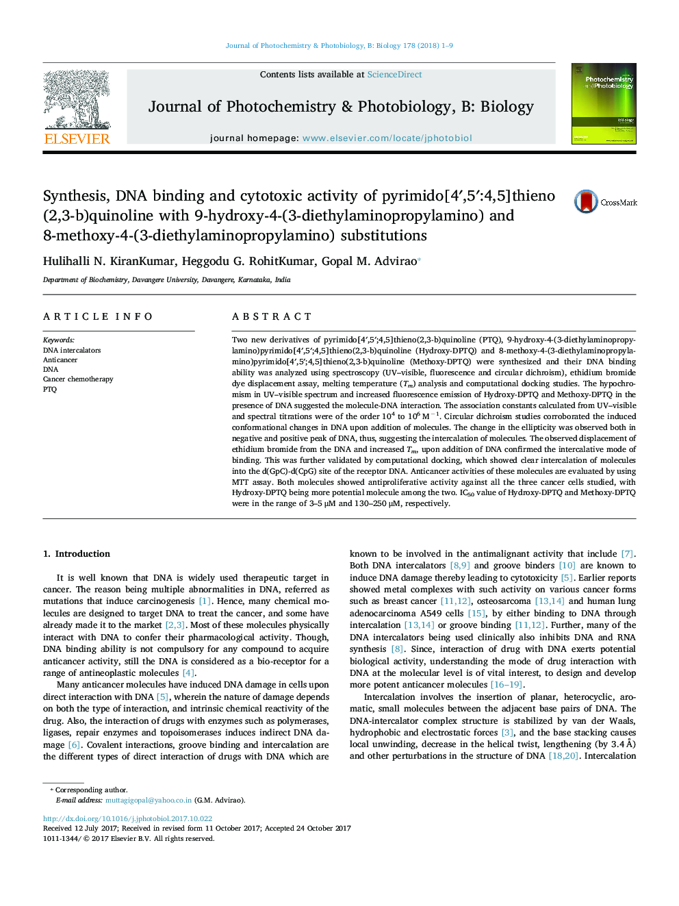 Synthesis, DNA binding and cytotoxic activity of pyrimido[4â²,5â²:4,5]thieno(2,3-b)quinoline with 9-hydroxy-4-(3-diethylaminopropylamino) and 8-methoxy-4-(3-diethylaminopropylamino) substitutions