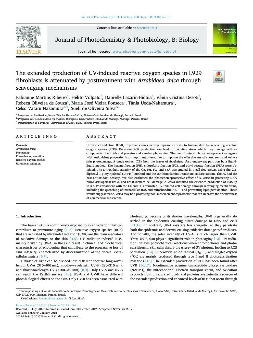 The extended production of UV-induced reactive oxygen species in L929 fibroblasts is attenuated by posttreatment with Arrabidaea chica through scavenging mechanisms