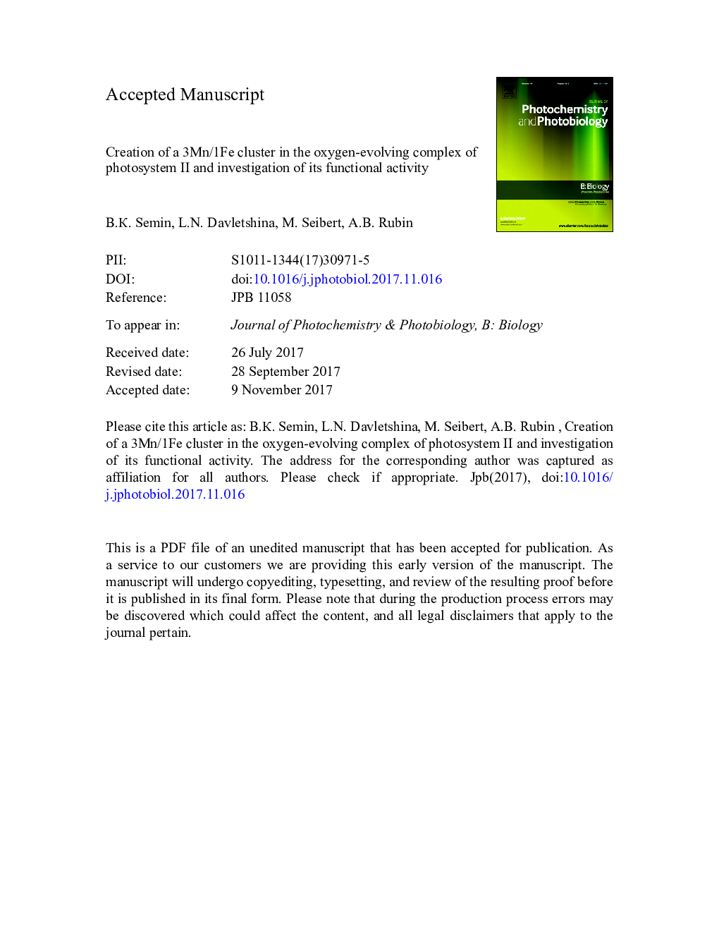 Creation of a 3Mn/1Fe cluster in the oxygen-evolving complex of photosystem II and investigation of its functional activity