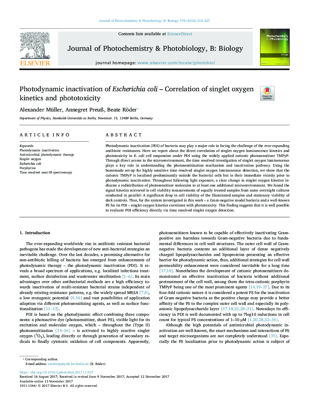 Photodynamic inactivation of Escherichia coli - Correlation of singlet oxygen kinetics and phototoxicity