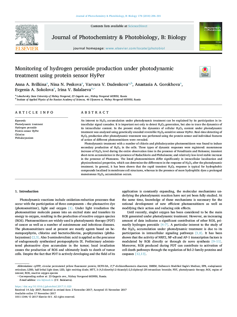 Monitoring of hydrogen peroxide production under photodynamic treatment using protein sensor HyPer