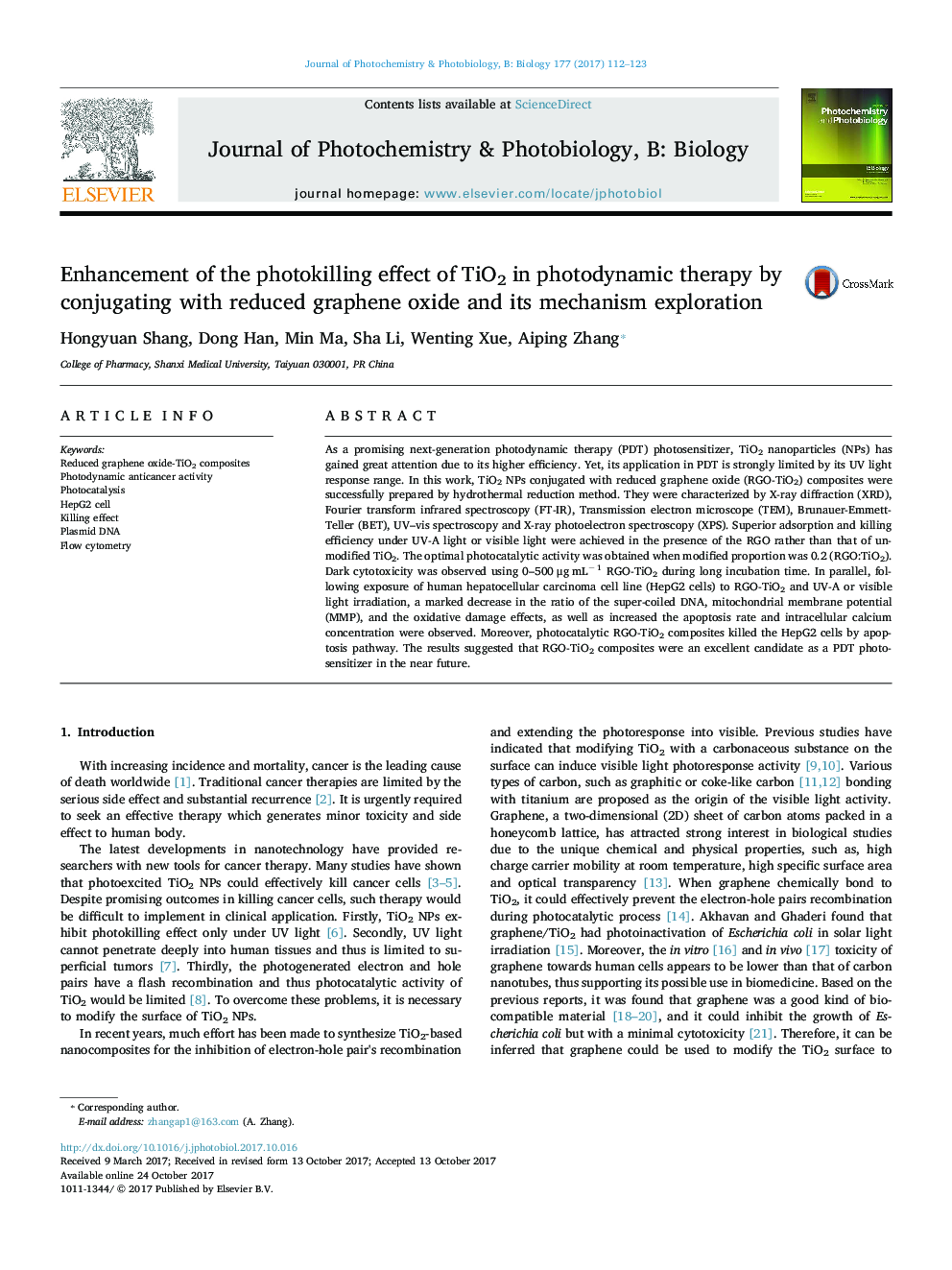 Enhancement of the photokilling effect of TiO2 in photodynamic therapy by conjugating with reduced graphene oxide and its mechanism exploration