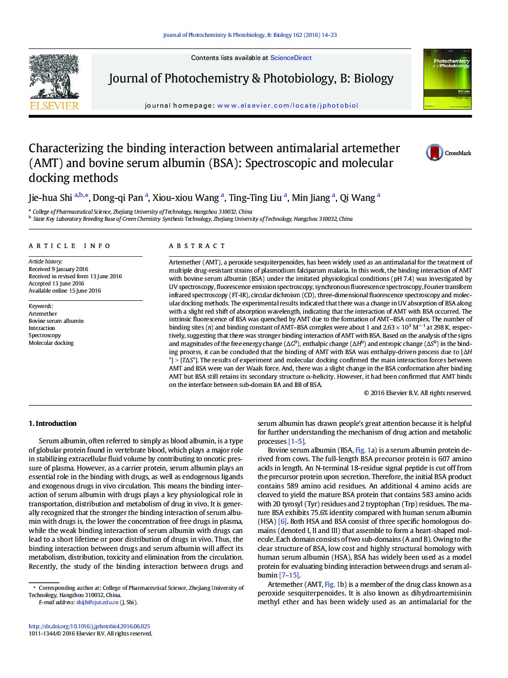 Characterizing the binding interaction between antimalarial artemether (AMT) and bovine serum albumin (BSA): Spectroscopic and molecular docking methods