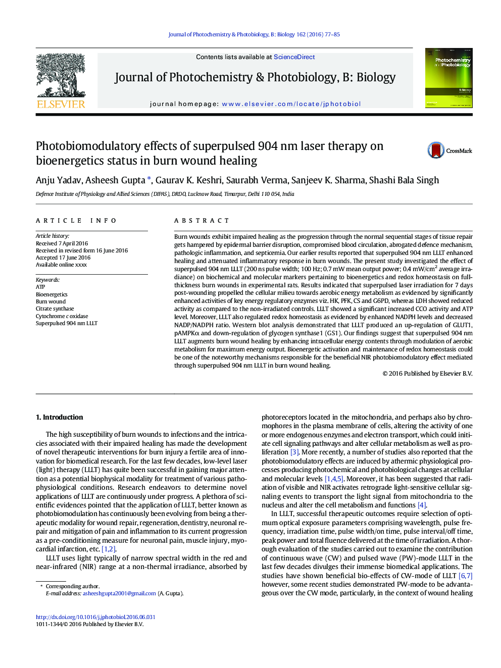 Photobiomodulatory effects of superpulsed 904Â nm laser therapy on bioenergetics status in burn wound healing