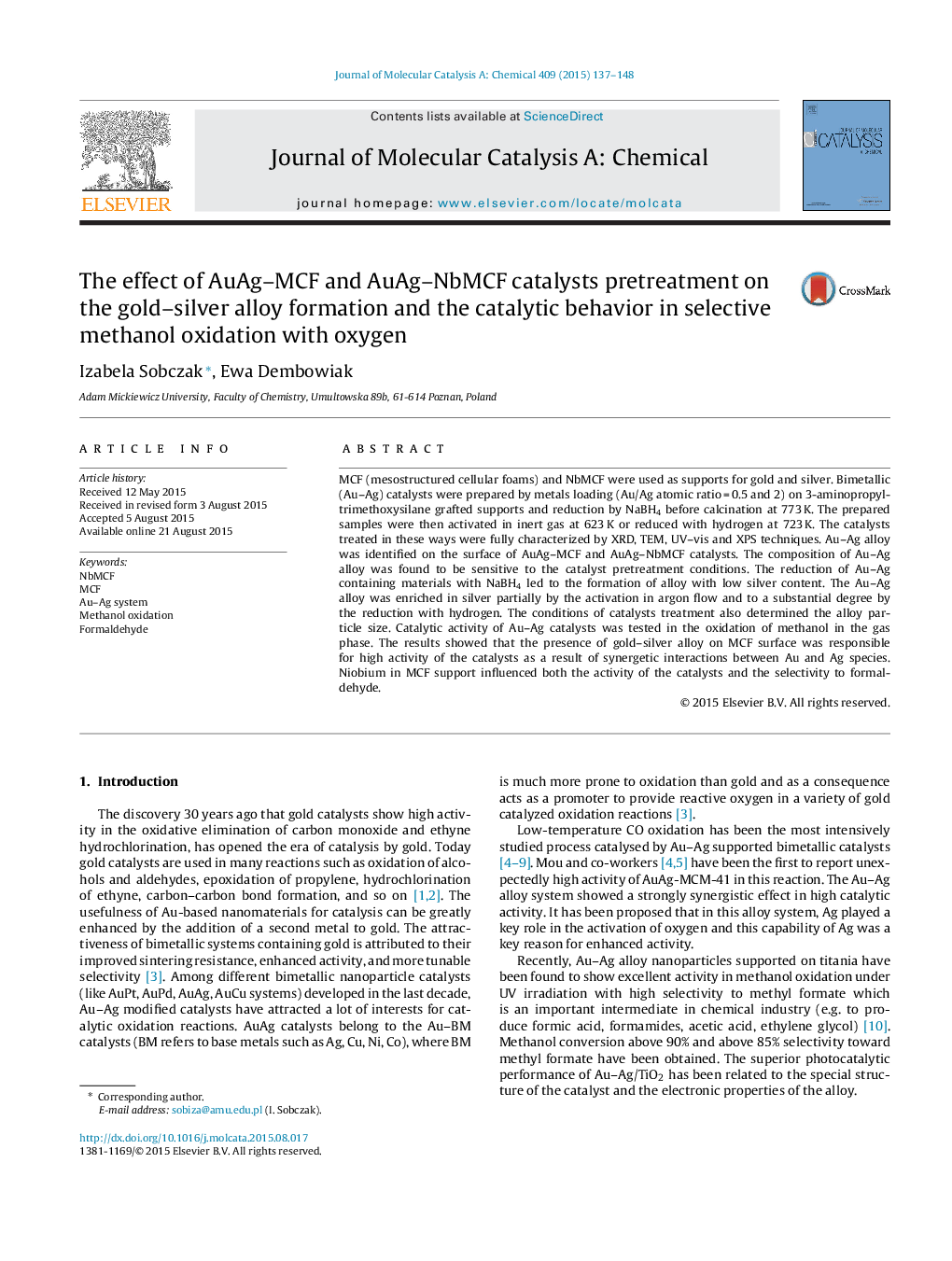 The effect of AuAg–MCF and AuAg–NbMCF catalysts pretreatment on the gold–silver alloy formation and the catalytic behavior in selective methanol oxidation with oxygen