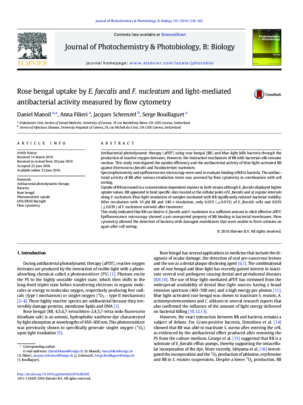 Rose bengal uptake by E. faecalis and F. nucleatum and light-mediated antibacterial activity measured by flow cytometry