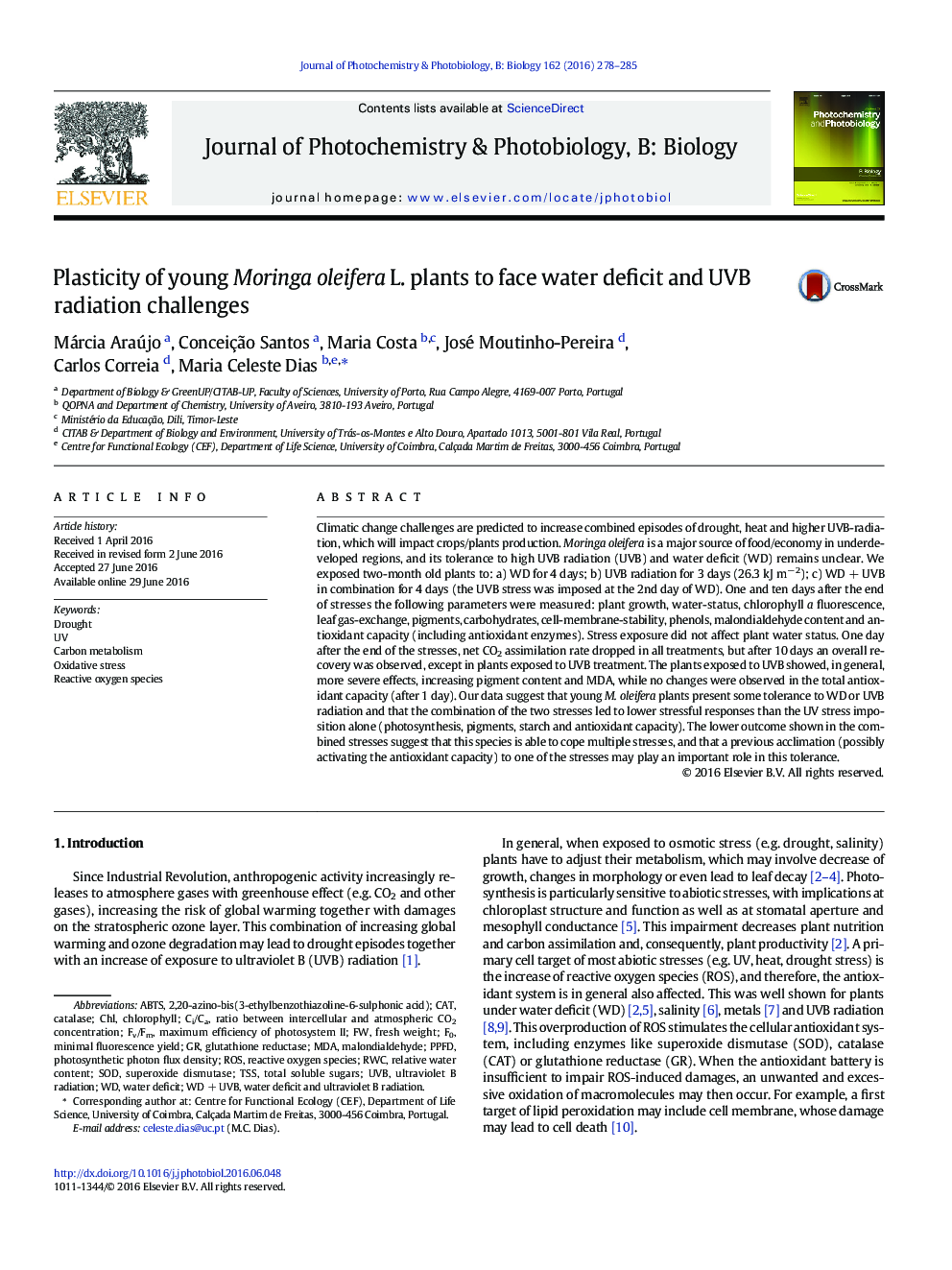 Plasticity of young Moringa oleifera L. plants to face water deficit and UVB radiation challenges