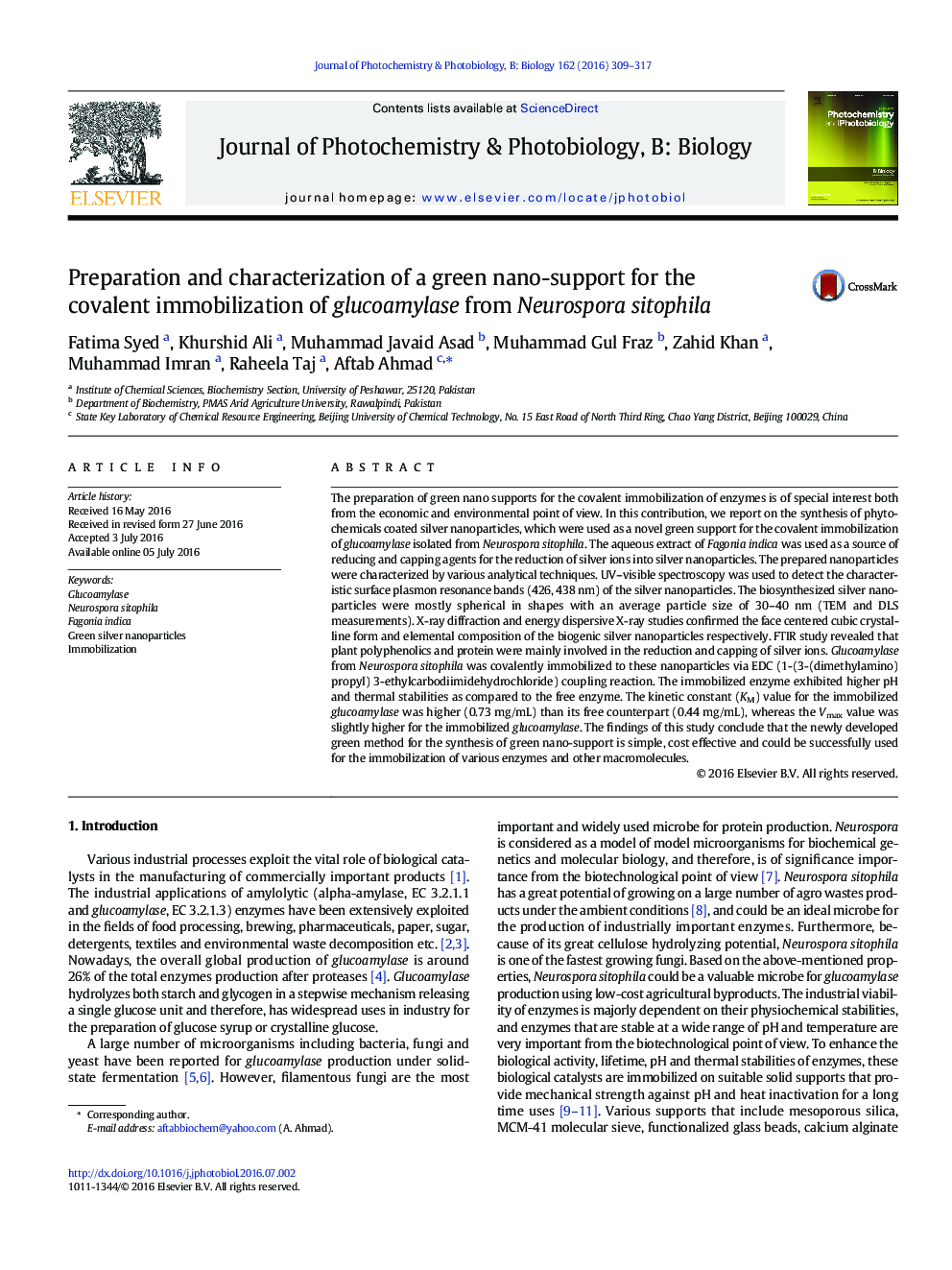 Preparation and characterization of a green nano-support for the covalent immobilization of glucoamylase from Neurospora sitophila