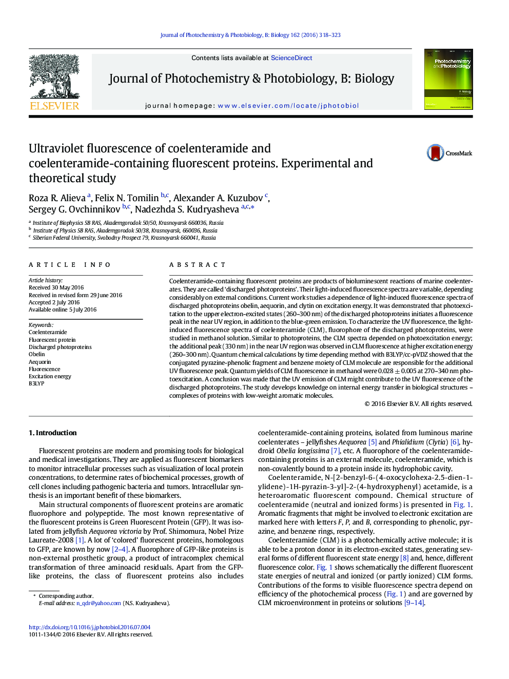 Ultraviolet fluorescence of coelenteramide and coelenteramide-containing fluorescent proteins. Experimental and theoretical study