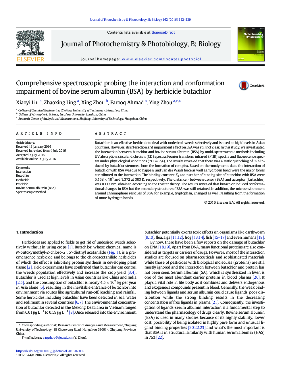 Comprehensive spectroscopic probing the interaction and conformation impairment of bovine serum albumin (BSA) by herbicide butachlor