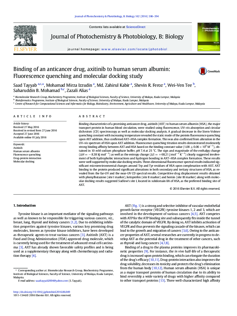 اتصال داروهای ضد سرطان، آکسیتینیب به آلبومین سرم انسان: مطالعه ی خنک سازی فلورسانس و ملکولی 