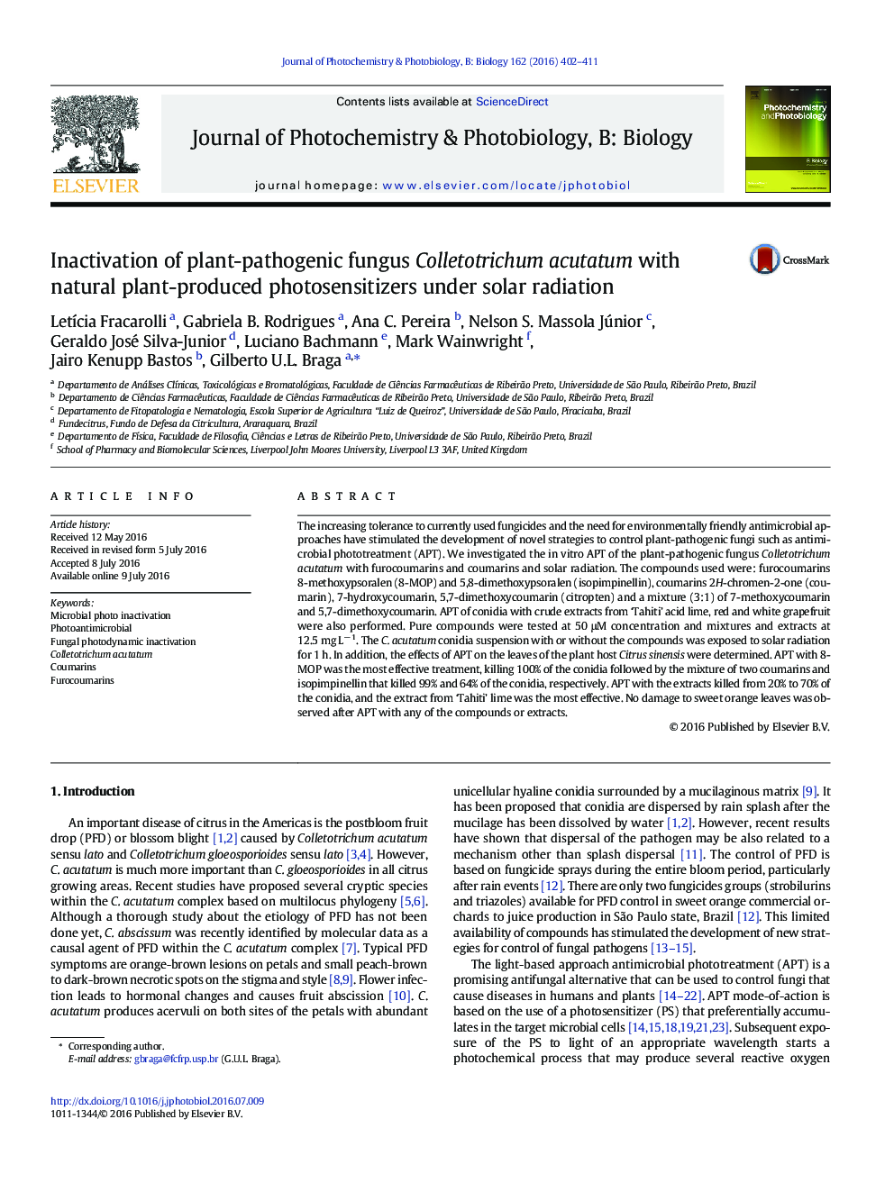 Inactivation of plant-pathogenic fungus Colletotrichum acutatum with natural plant-produced photosensitizers under solar radiation