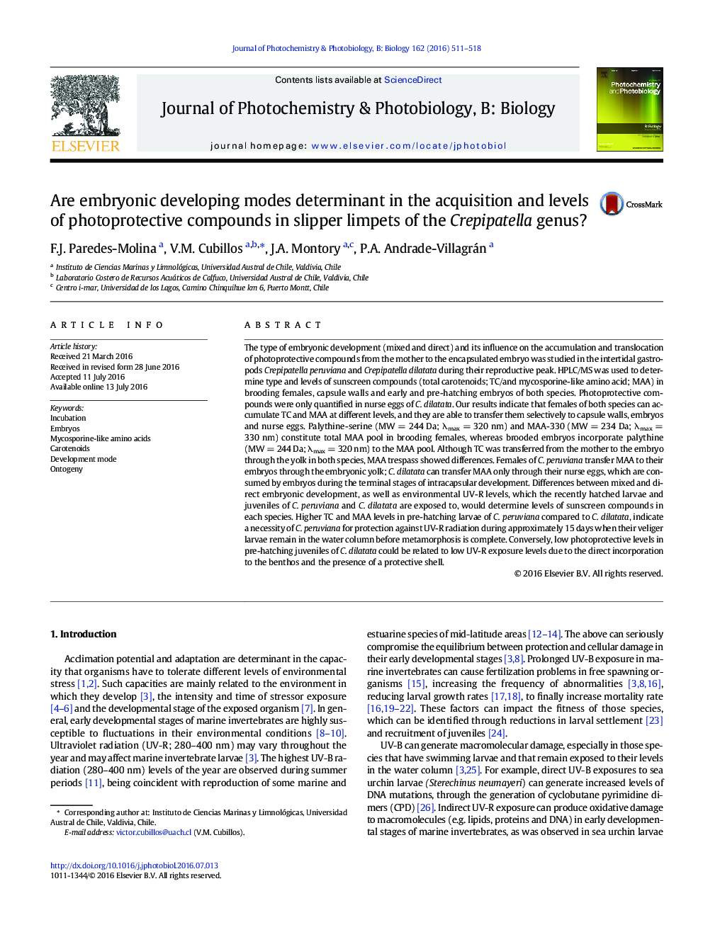 Are embryonic developing modes determinant in the acquisition and levels of photoprotective compounds in slipper limpets of the Crepipatella genus?