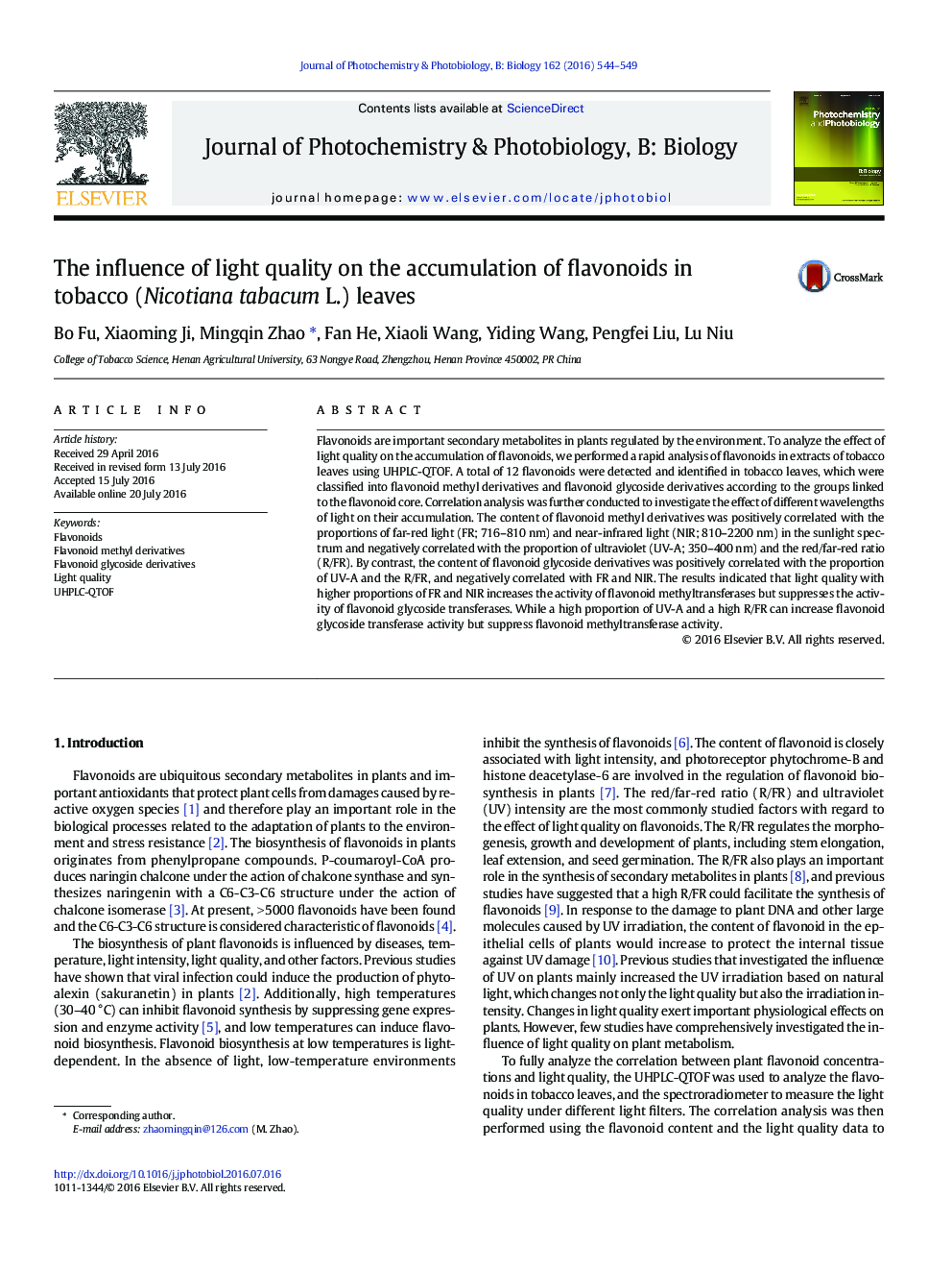 The influence of light quality on the accumulation of flavonoids in tobacco (Nicotiana tabacum L.) leaves