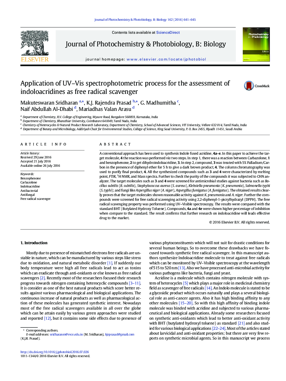 Application of UV-Vis spectrophotometric process for the assessment of indoloacridines as free radical scavenger