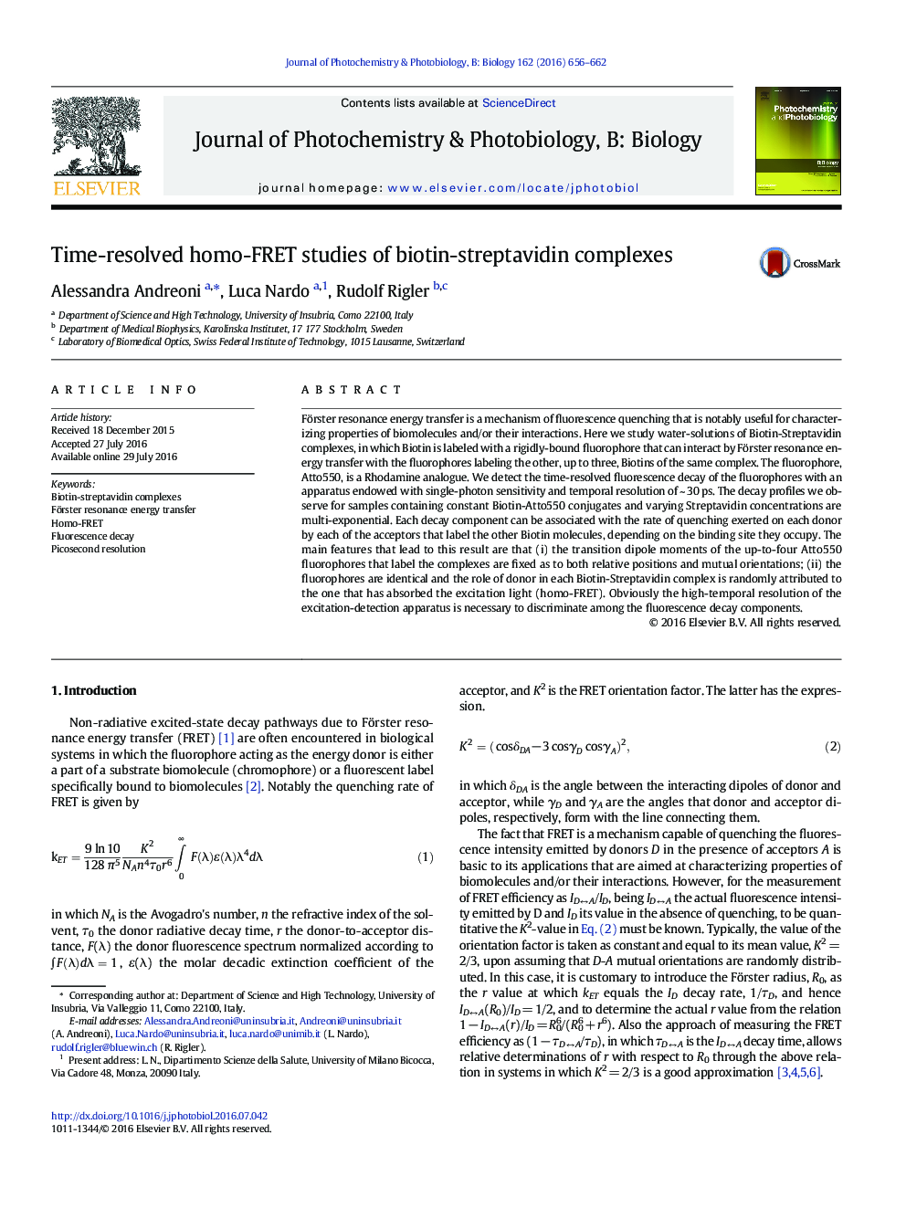 Time-resolved homo-FRET studies of biotin-streptavidin complexes