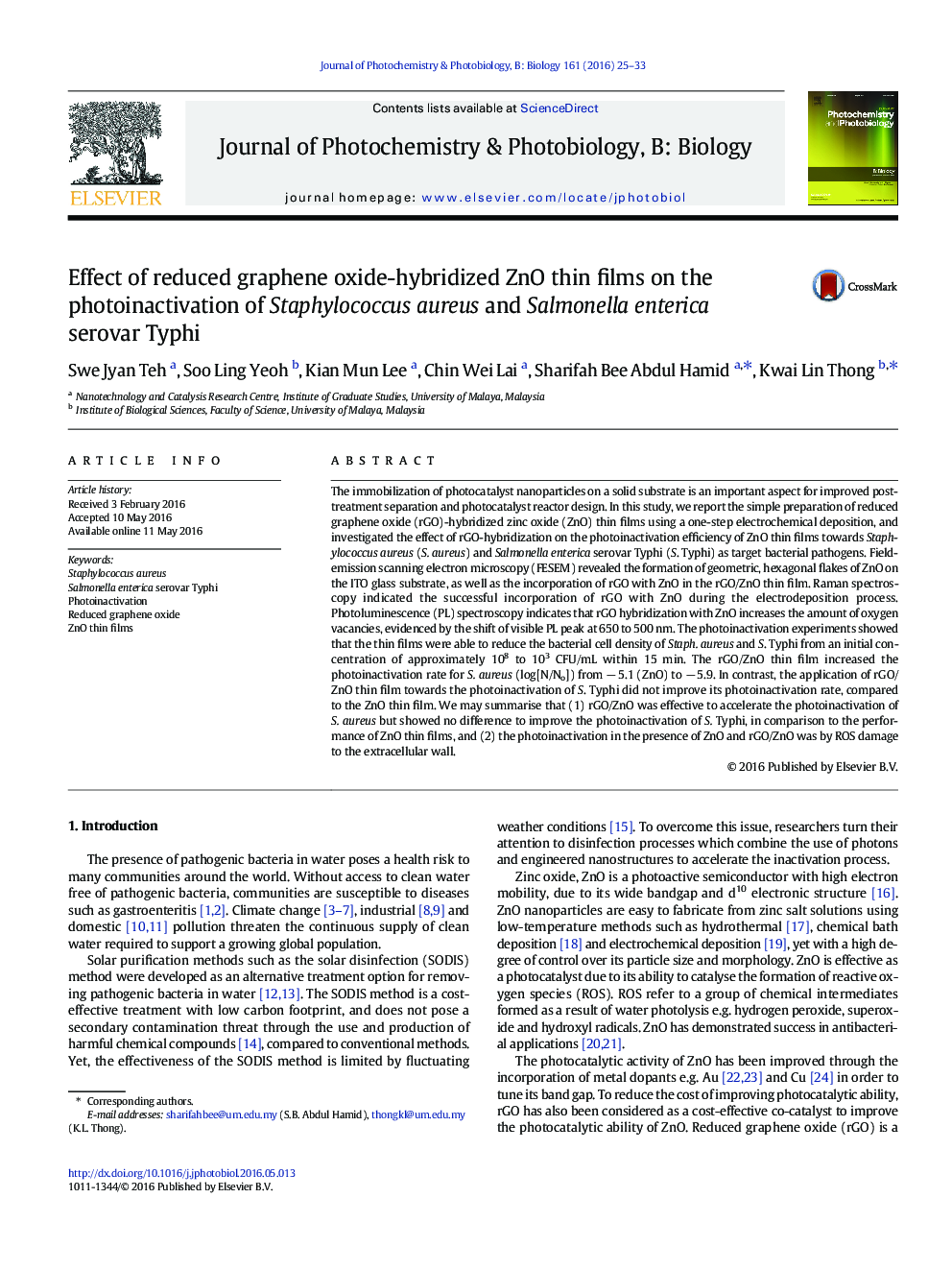 Effect of reduced graphene oxide-hybridized ZnO thin films on the photoinactivation of Staphylococcus aureus and Salmonella enterica serovar Typhi