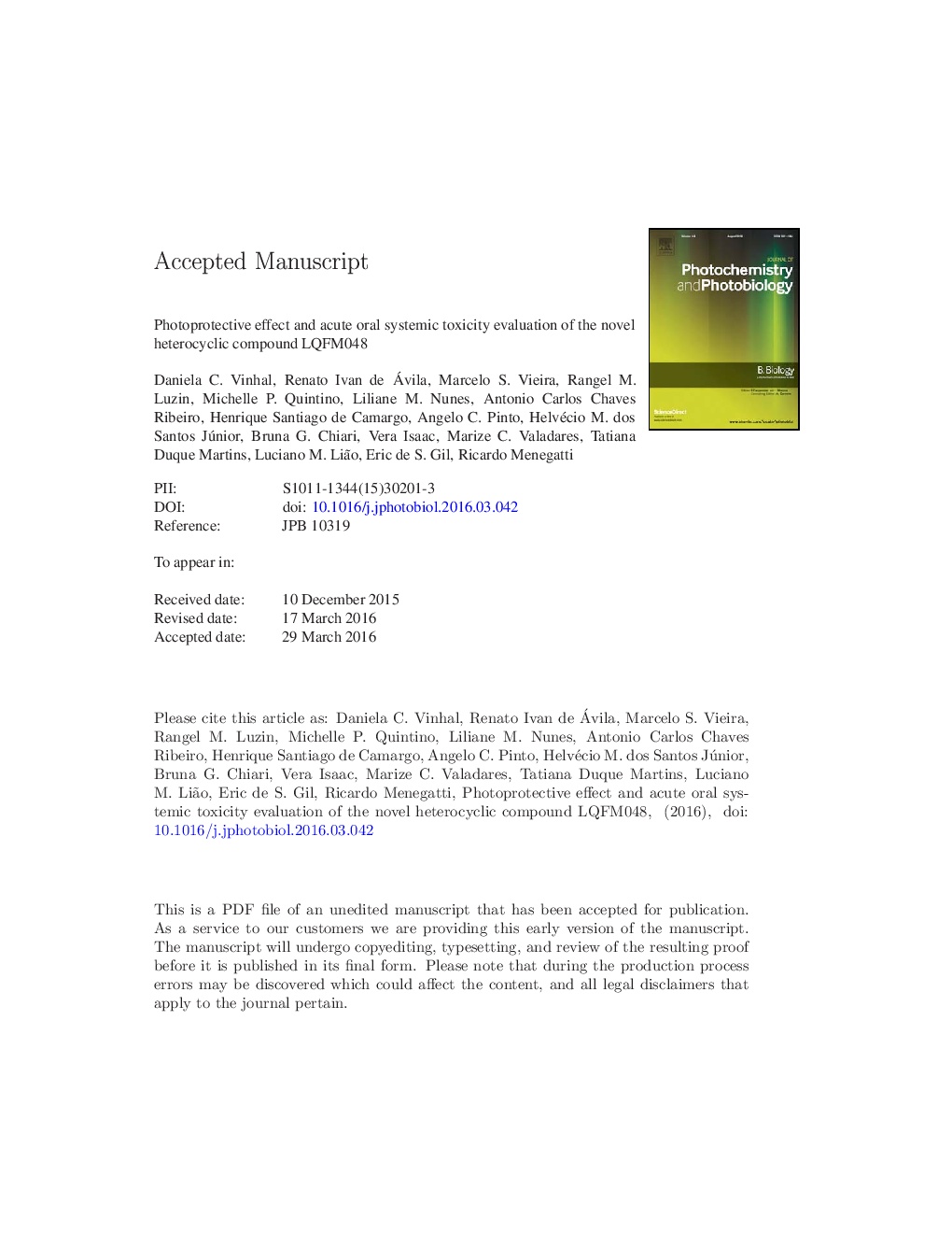 Photoprotective effect and acute oral systemic toxicity evaluation of the novel heterocyclic compound LQFM048