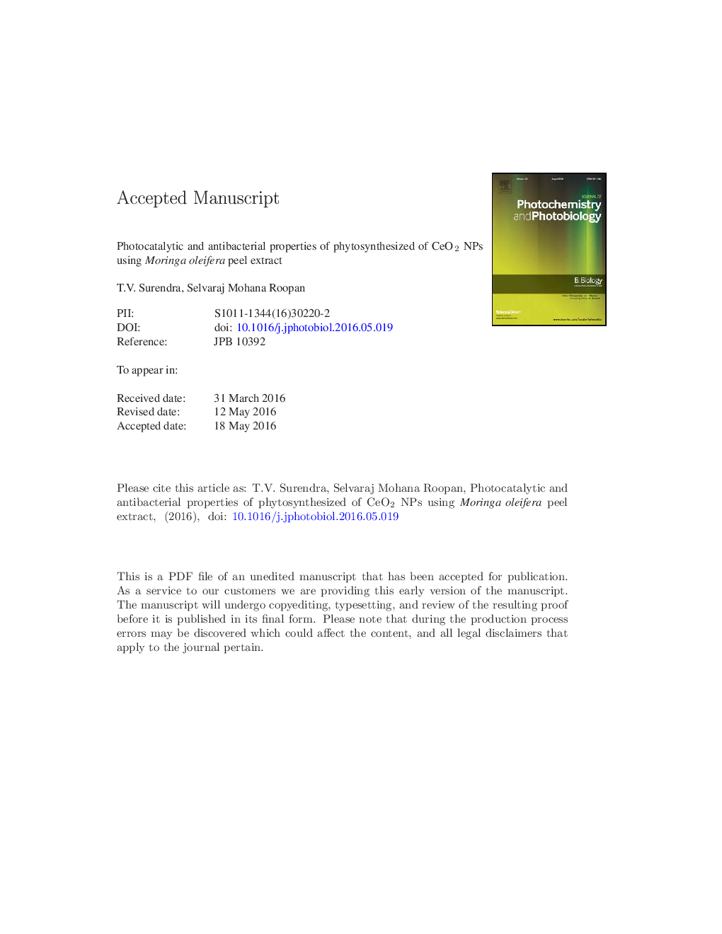 Photocatalytic and antibacterial properties of phytosynthesized CeO2 NPs using Moringa oleifera peel extract