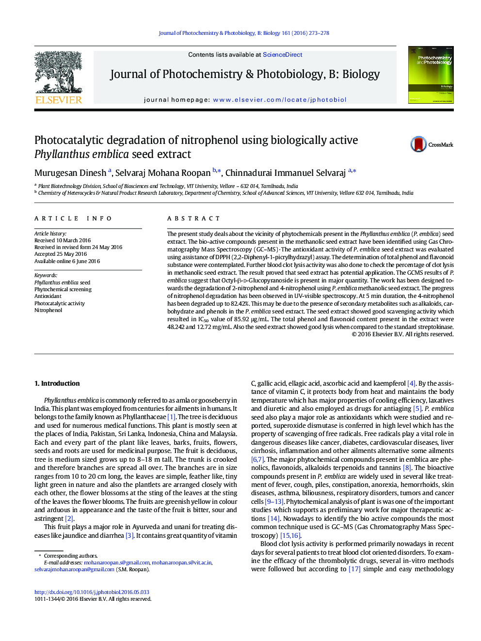 Photocatalytic degradation of nitrophenol using biologically active Phyllanthus emblica seed extract