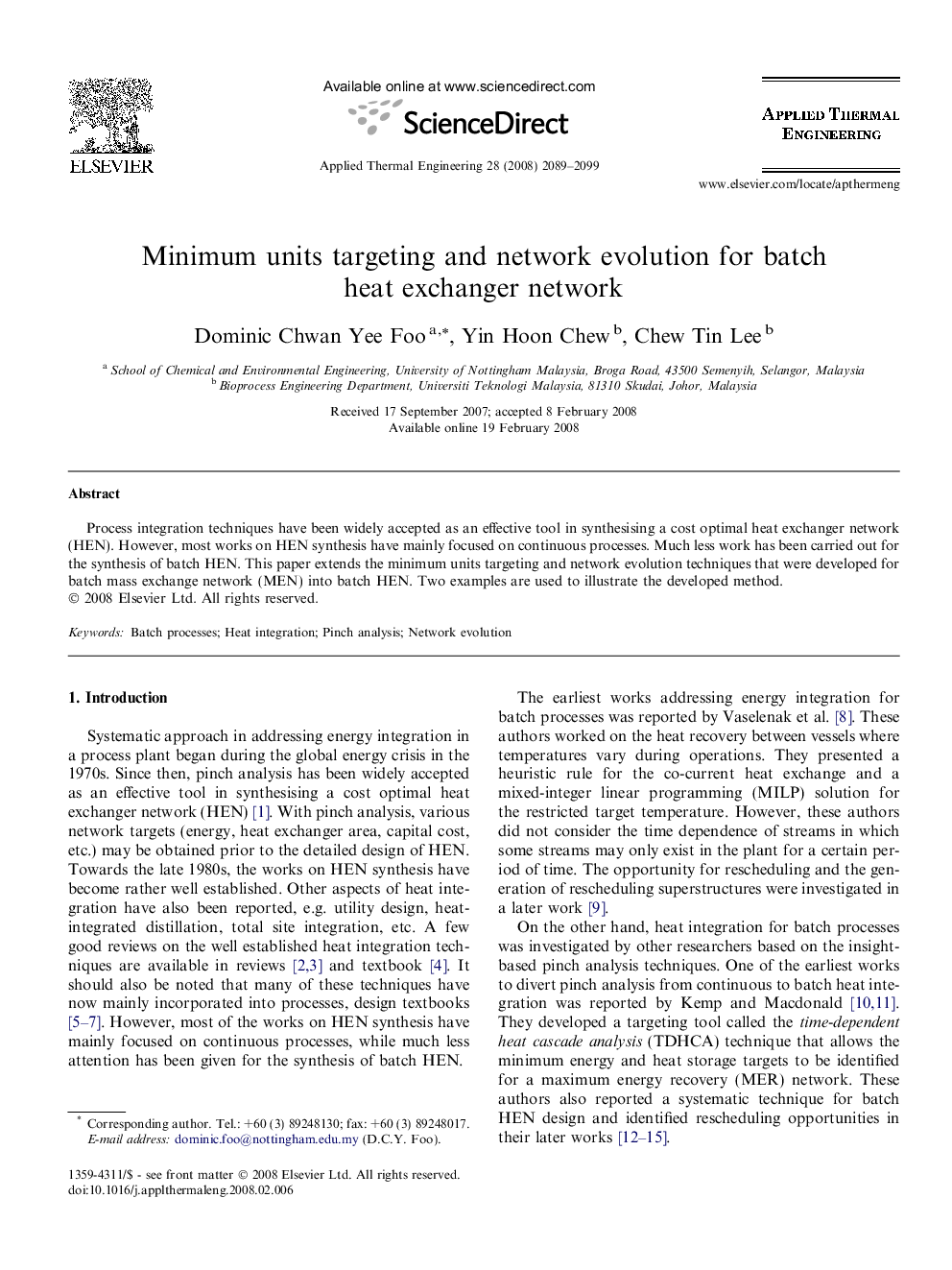 Minimum units targeting and network evolution for batch heat exchanger network