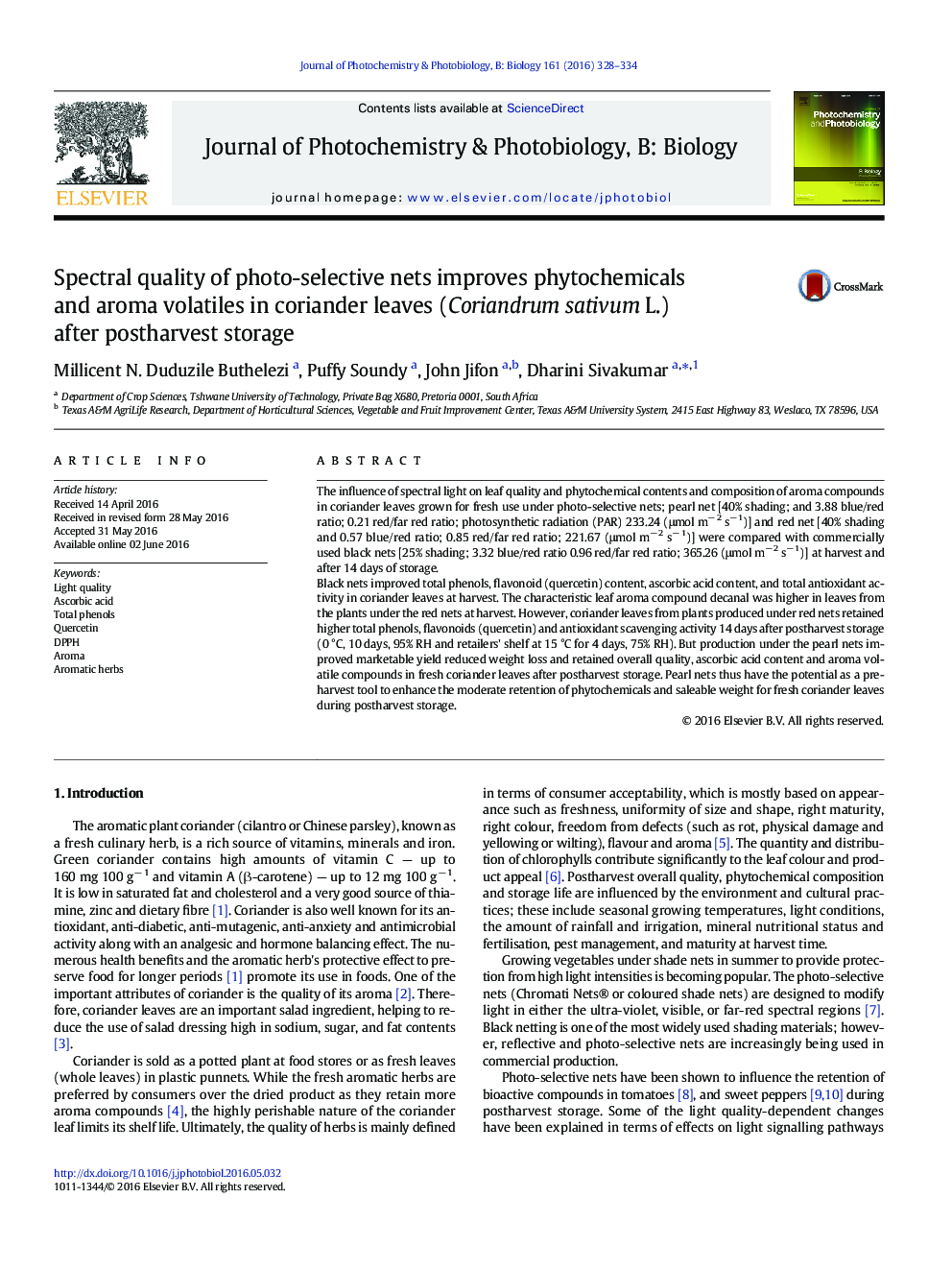 Spectral quality of photo-selective nets improves phytochemicals and aroma volatiles in coriander leaves (Coriandrum sativum L.) after postharvest storage