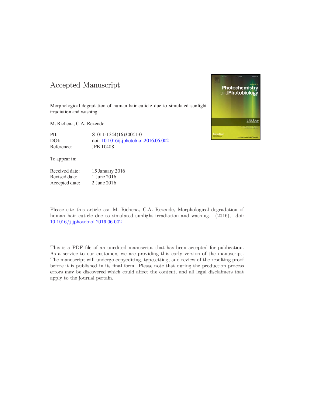 Morphological degradation of human hair cuticle due to simulated sunlight irradiation and washing