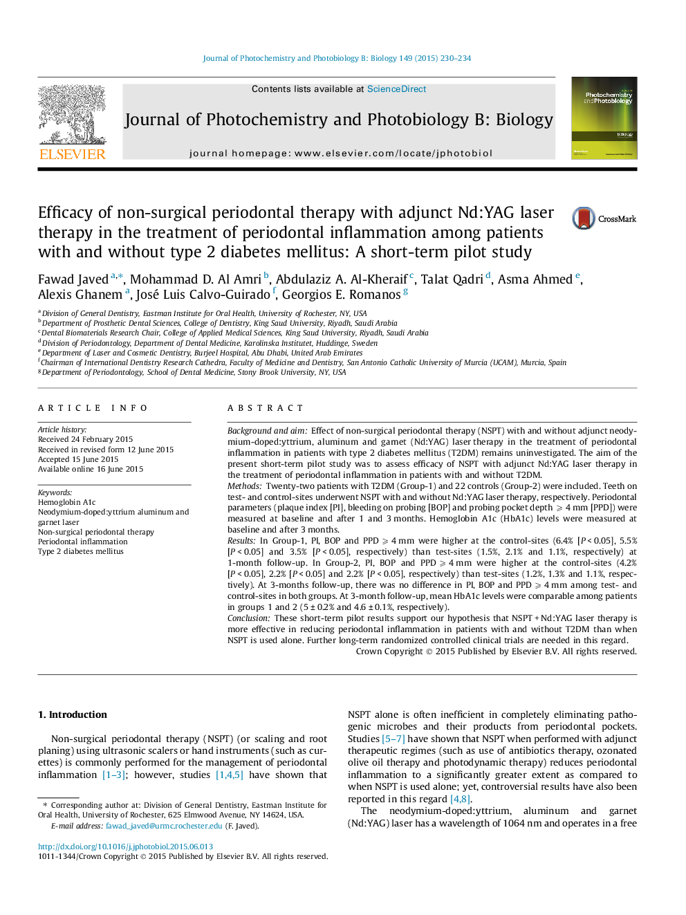 Efficacy of non-surgical periodontal therapy with adjunct Nd:YAG laser therapy in the treatment of periodontal inflammation among patients with and without type 2 diabetes mellitus: A short-term pilot study