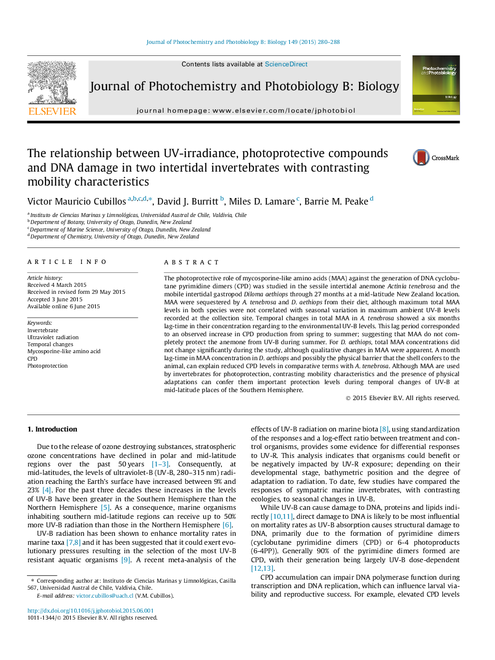 The relationship between UV-irradiance, photoprotective compounds and DNA damage in two intertidal invertebrates with contrasting mobility characteristics