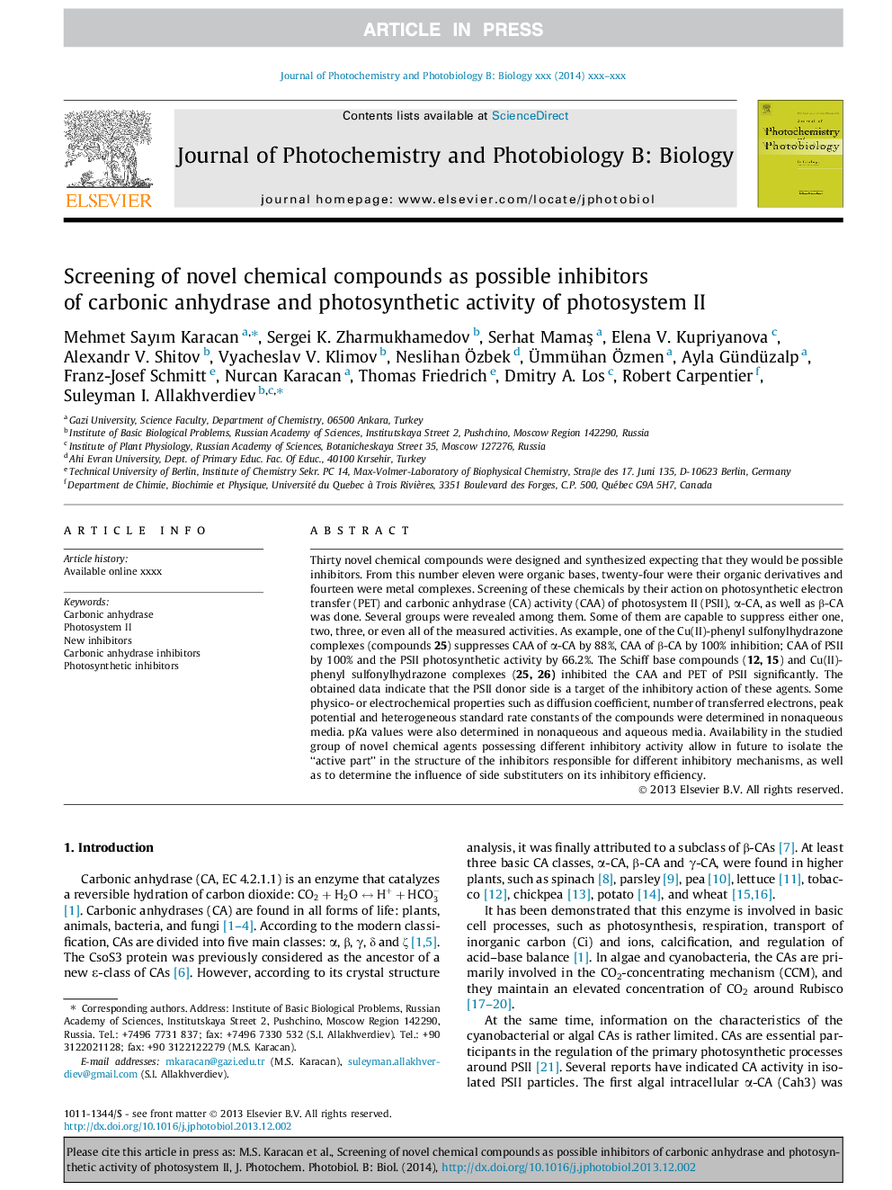 Screening of novel chemical compounds as possible inhibitors of carbonic anhydrase and photosynthetic activity of photosystem II