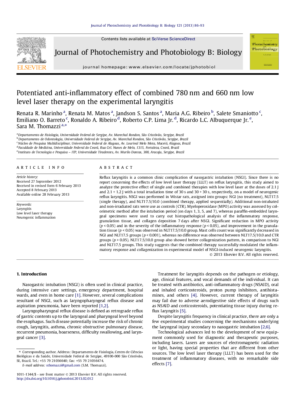 Potentiated anti-inflammatory effect of combined 780Â nm and 660Â nm low level laser therapy on the experimental laryngitis