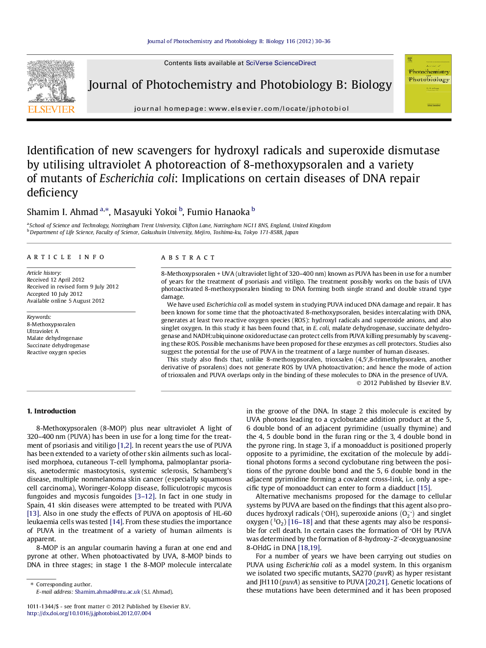 Identification of new scavengers for hydroxyl radicals and superoxide dismutase by utilising ultraviolet A photoreaction of 8-methoxypsoralen and a variety of mutants of Escherichia coli: Implications on certain diseases of DNA repair deficiency