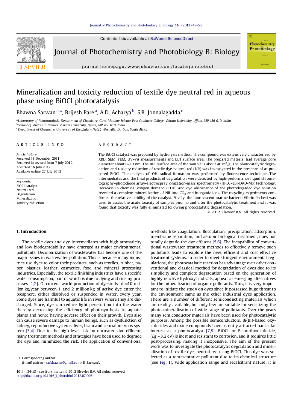 Mineralization and toxicity reduction of textile dye neutral red in aqueous phase using BiOCl photocatalysis