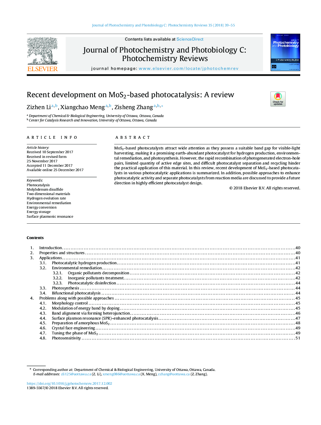 عکس صفحه اول مقاله: Recent development on MoS2-based photocatalysis: A review Recent development on MoS2-based photocatalysis: A review