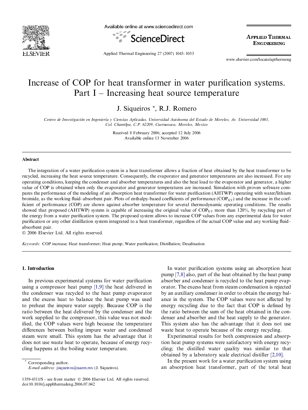 Increase of COP for heat transformer in water purification systems. Part I – Increasing heat source temperature