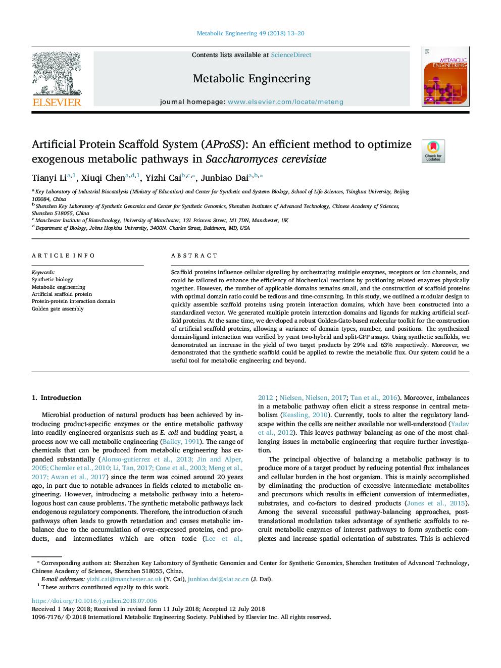 Artificial Protein Scaffold System (AProSS): An efficient method to optimize exogenous metabolic pathways in Saccharomyces cerevisiae