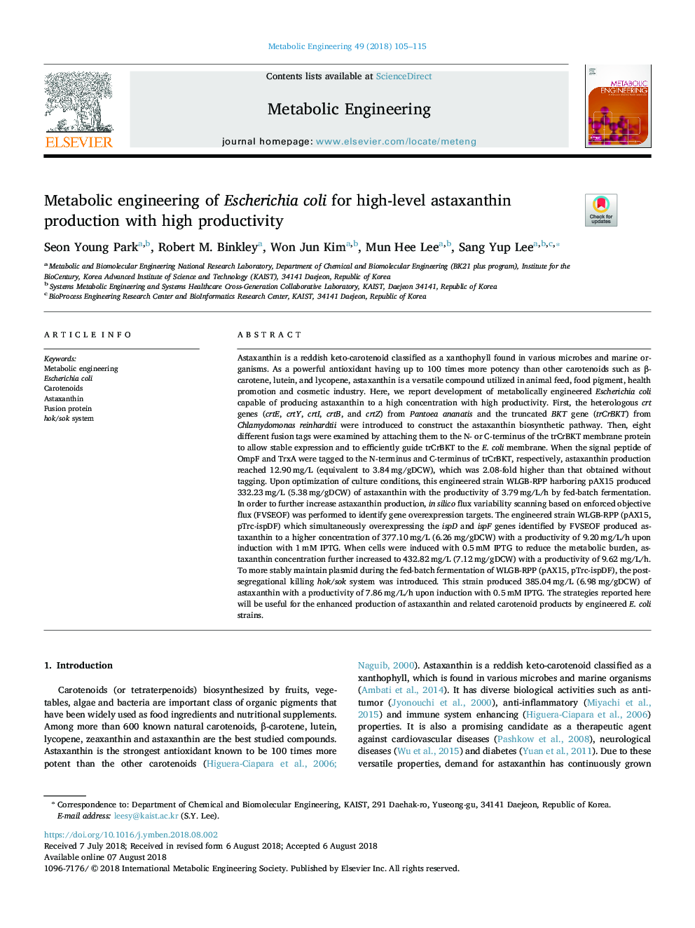 Metabolic engineering of Escherichia coli for high-level astaxanthin production with high productivity