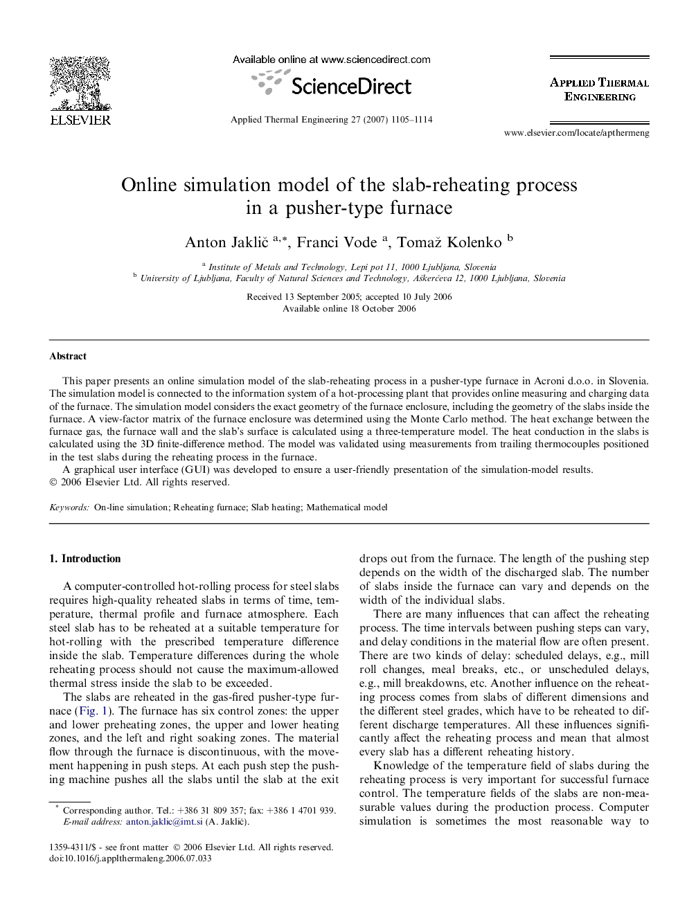 Online simulation model of the slab-reheating process in a pusher-type furnace