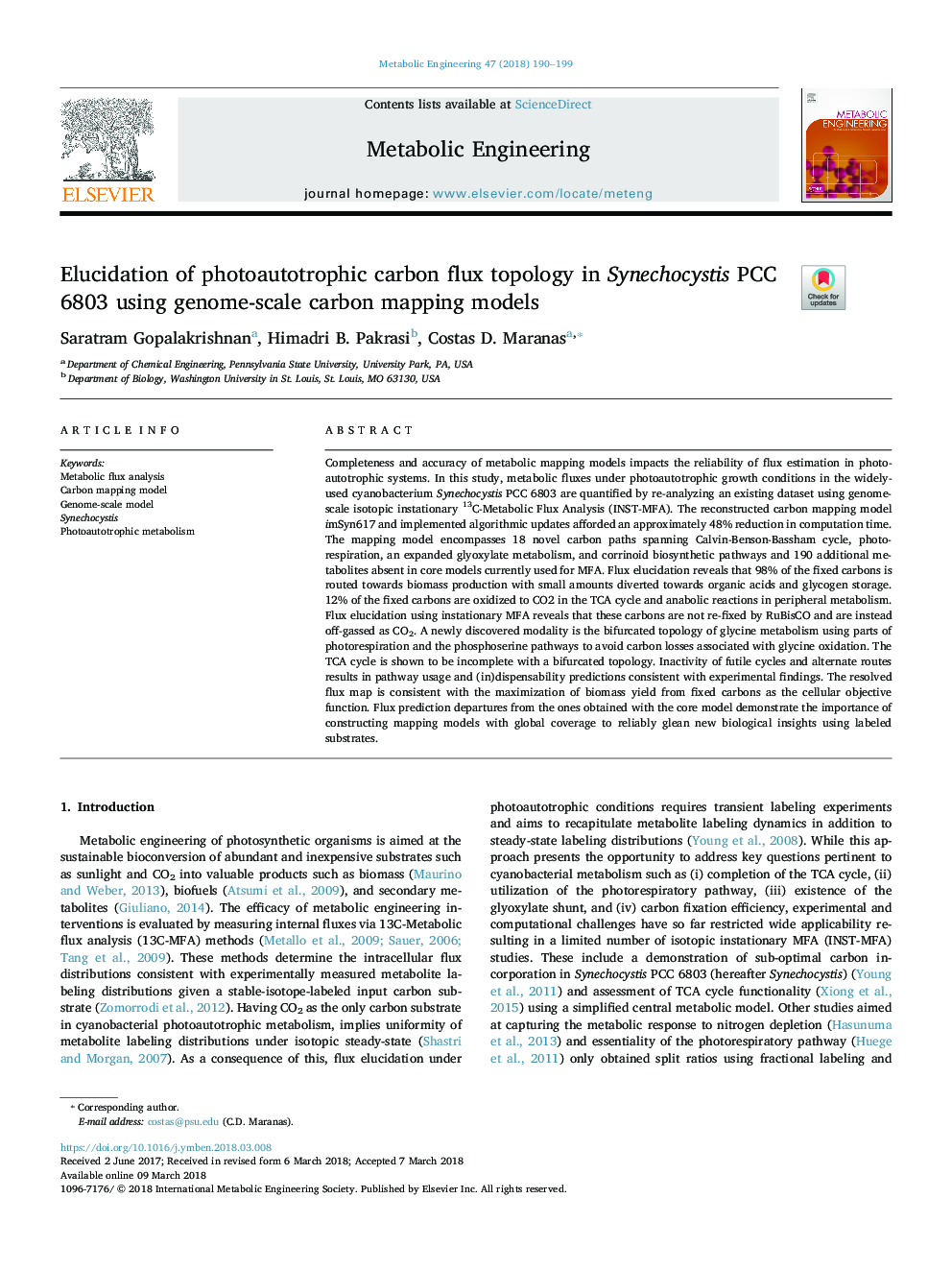 Elucidation of photoautotrophic carbon flux topology in Synechocystis PCC 6803 using genome-scale carbon mapping models