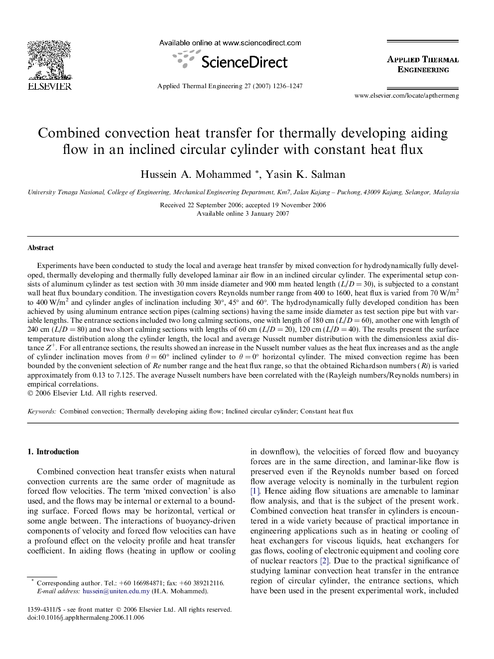 Combined convection heat transfer for thermally developing aiding flow in an inclined circular cylinder with constant heat flux