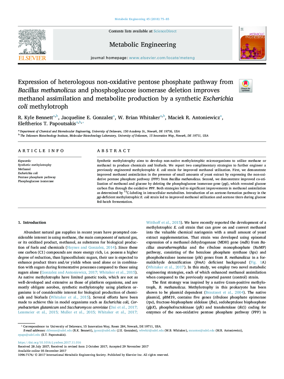 Expression of heterologous non-oxidative pentose phosphate pathway from Bacillus methanolicus and phosphoglucose isomerase deletion improves methanol assimilation and metabolite production by a synthetic Escherichia coli methylotroph