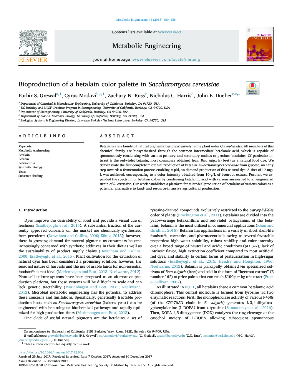 Bioproduction of a betalain color palette in Saccharomyces cerevisiae