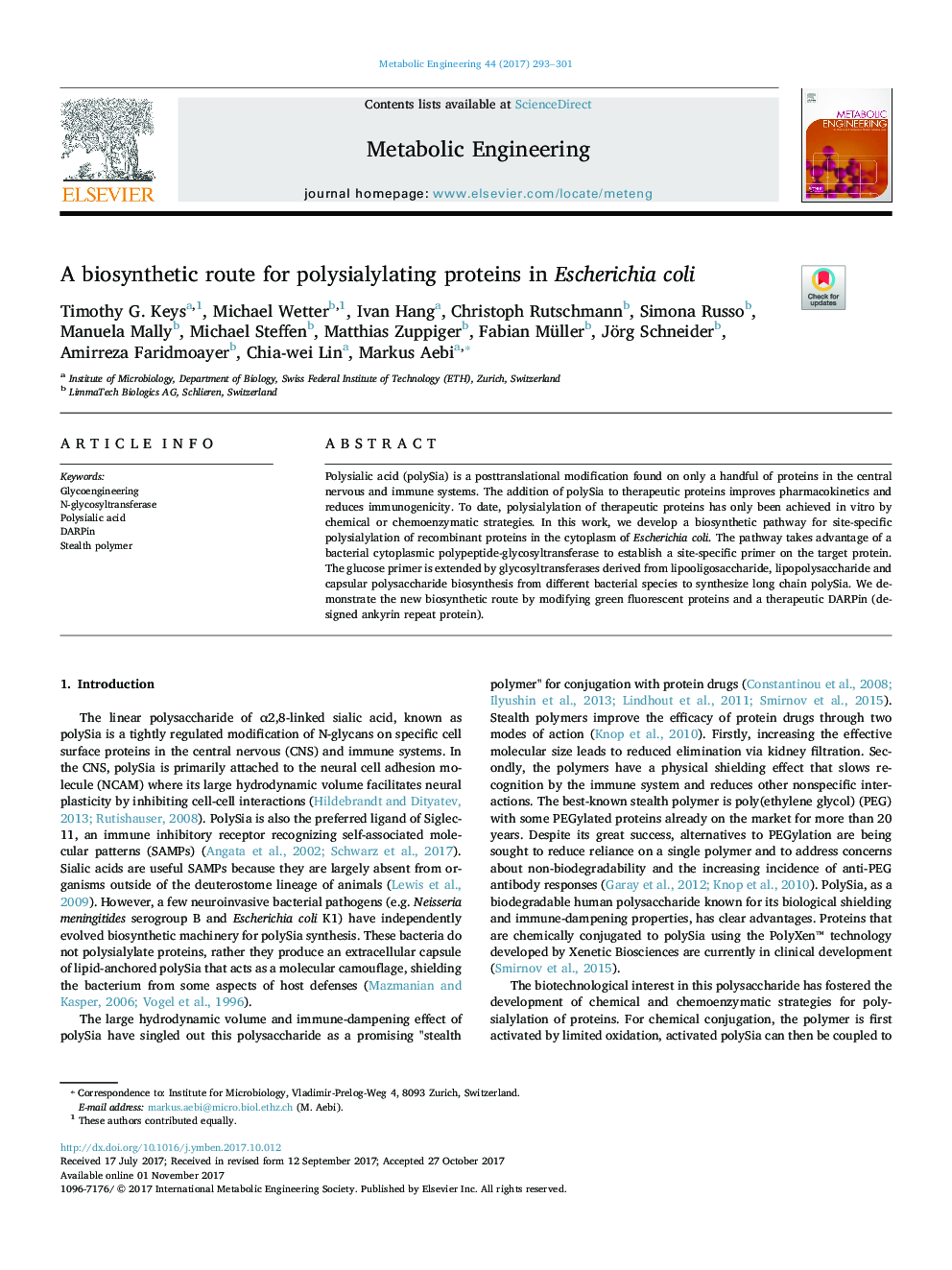 A biosynthetic route for polysialylating proteins in Escherichia coli