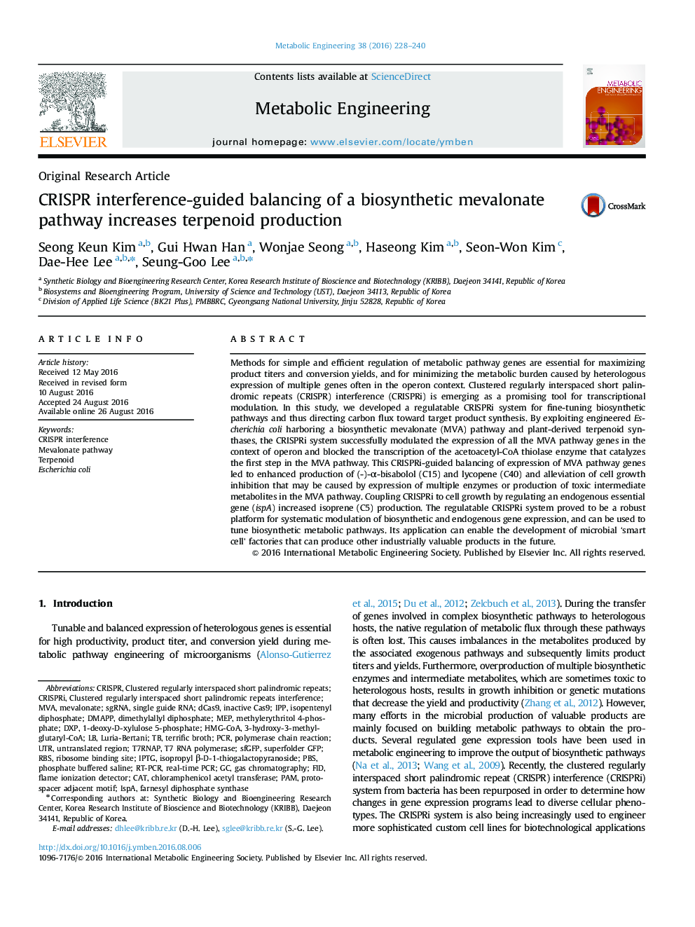 CRISPR interference-guided balancing of a biosynthetic mevalonate pathway increases terpenoid production