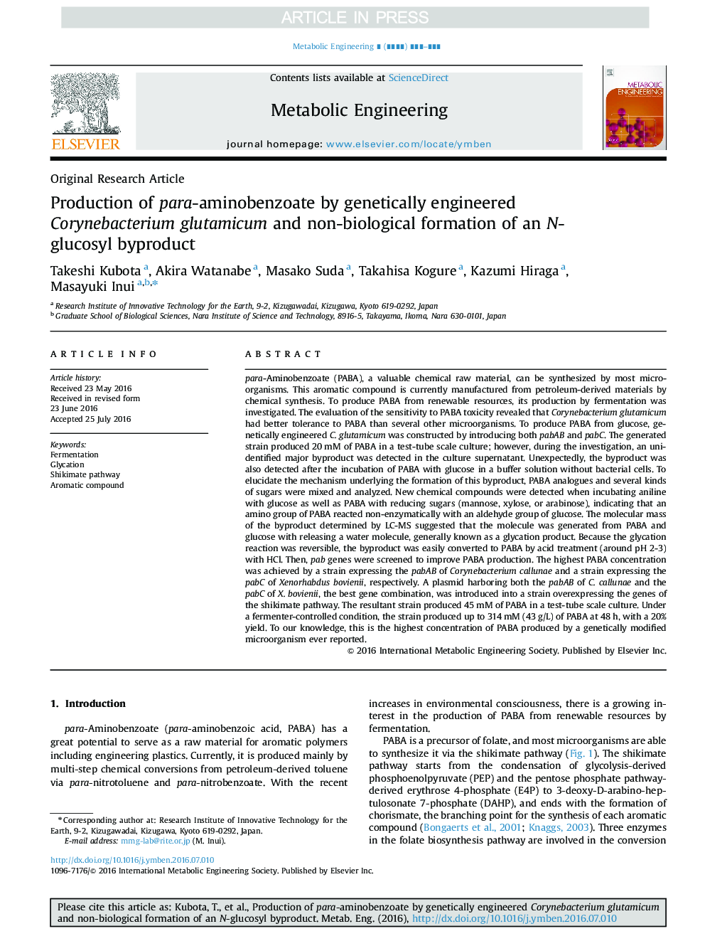 Production of para-aminobenzoate by genetically engineered Corynebacterium glutamicum and non-biological formation of an N-glucosyl byproduct