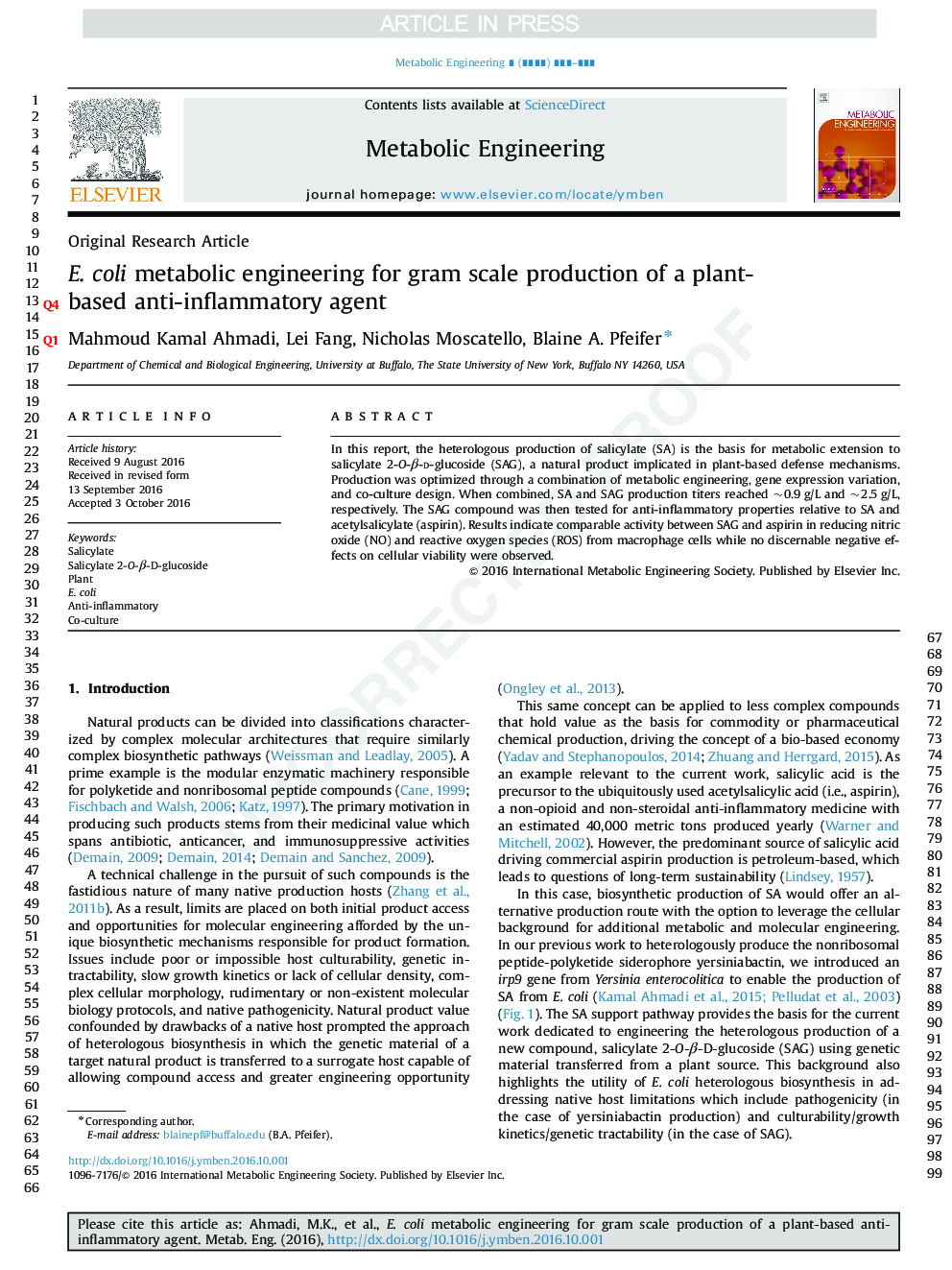 E. coli metabolic engineering for gram scale production of a plant-based anti-inflammatory agent